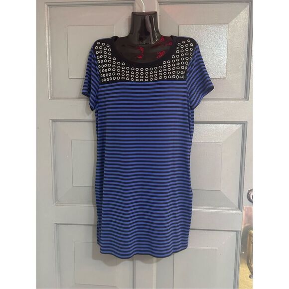 Michael Kors Stripped Gromit Short Sleeve Shirt Dress Sz L Blue Black - Picture 1 of 5
